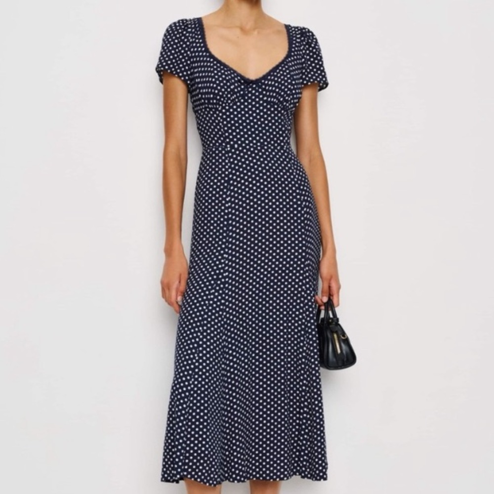 Reformation navy and white polka dot midi dress